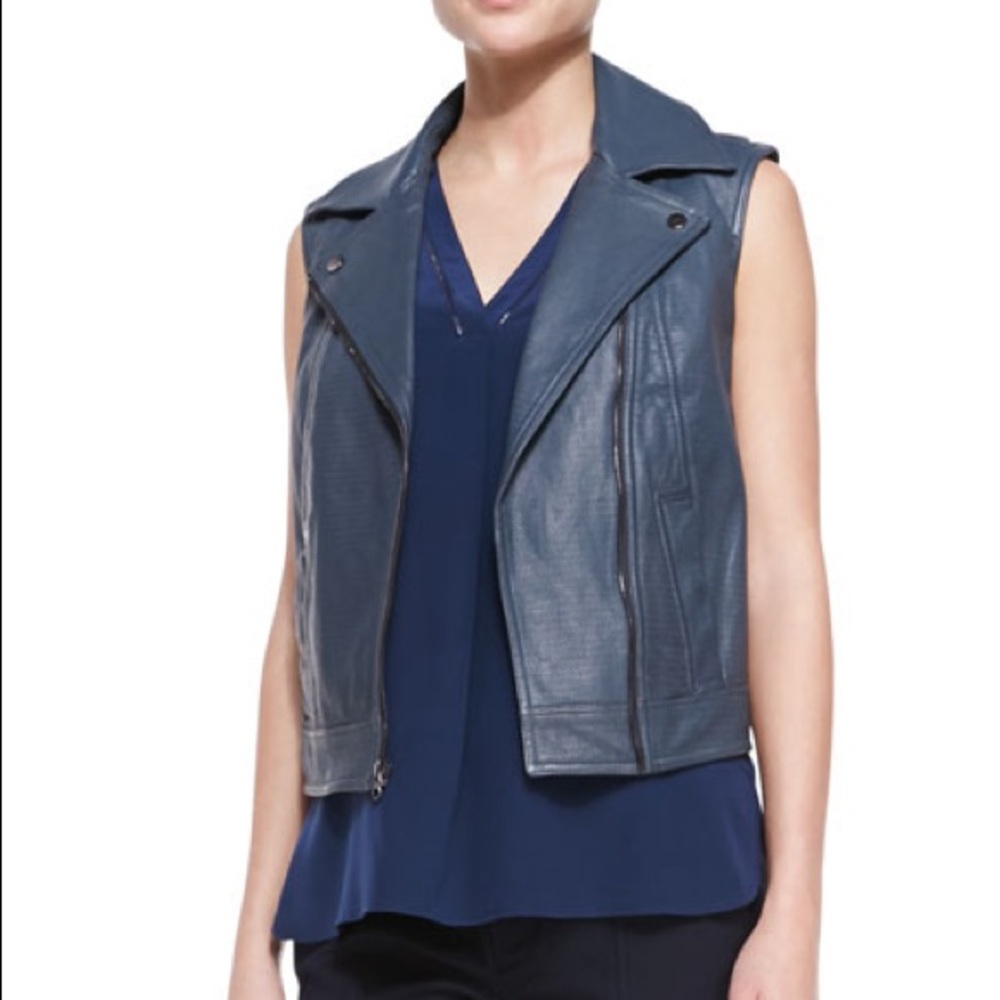 [VINCE] Embossed Blue Leather Moto Vest